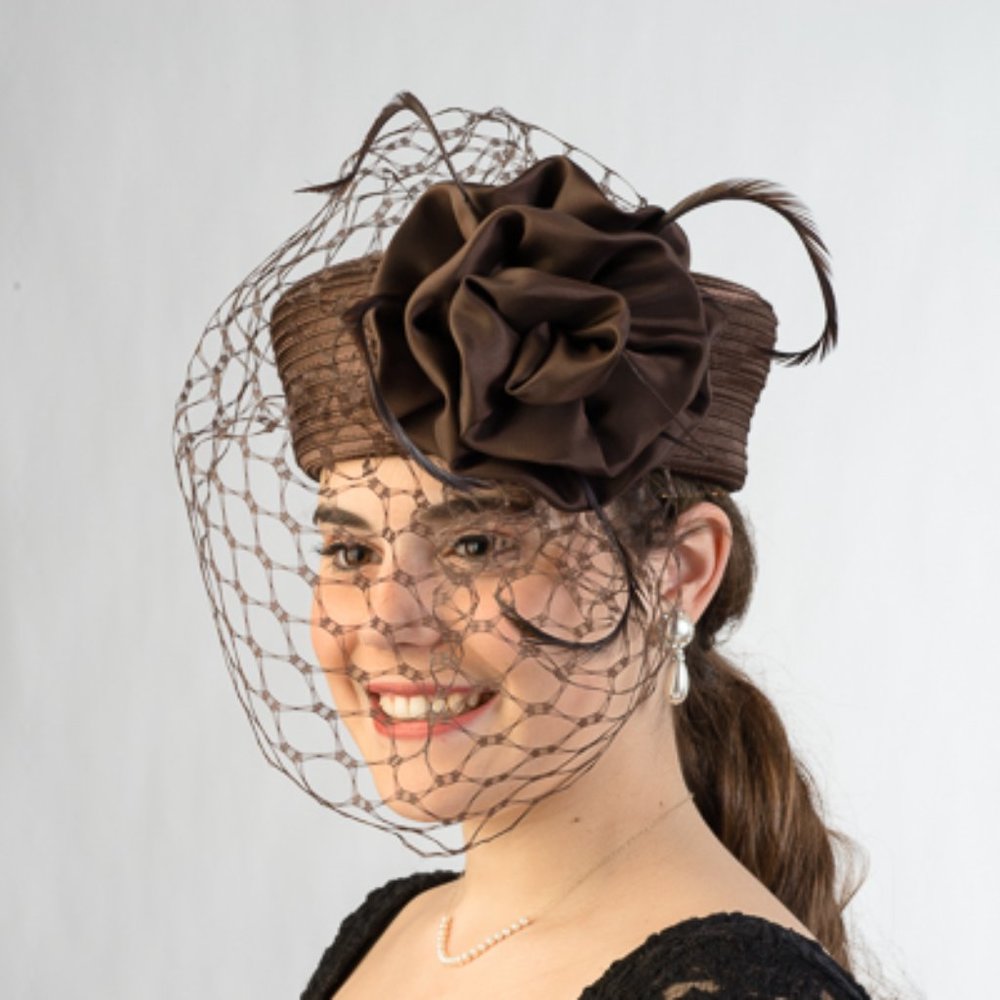Kakyco Brown Pillbox Fabric Satin Hat